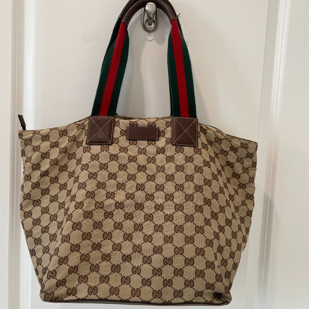 Gucci GG Canvas Monogram Web Tote Bag Brown Red Green Stripe 131231